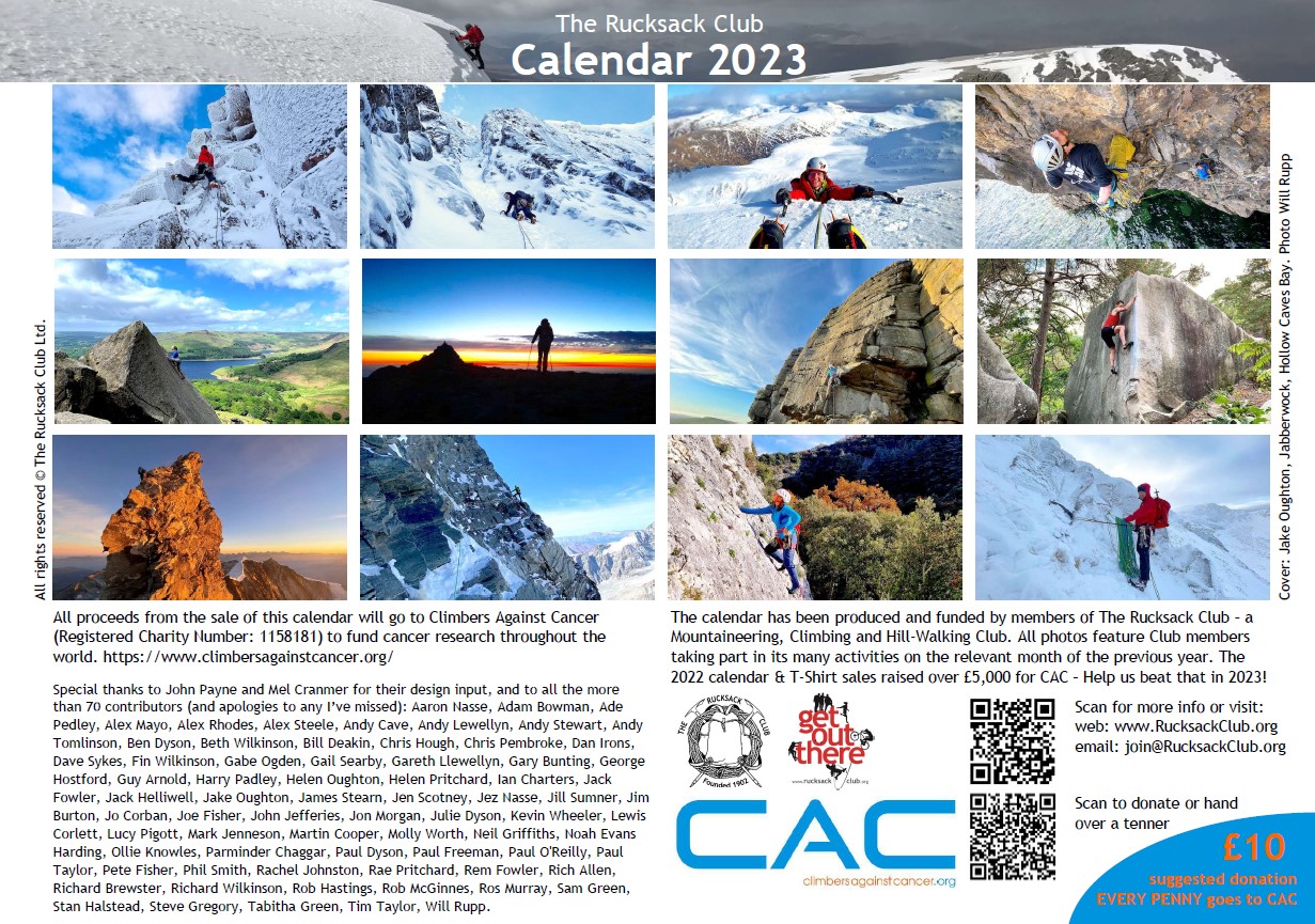 Rucksack Club CAC calendar 2023 Climbers Against Cancer